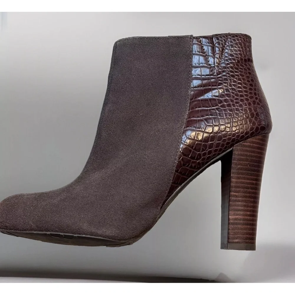Iman Brown Boots Sz 10 Zip Up 4'' High Heel Ankle Reptile Bootie Party Office